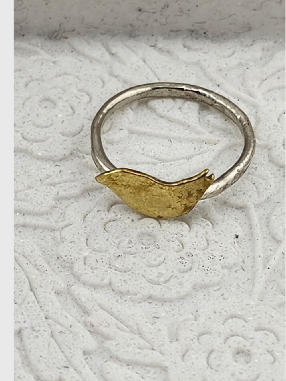BIRD DAINTY RING HANDMADE RECYCLED METALS BIRD IN BRASS & BAND IN STERTILING 8